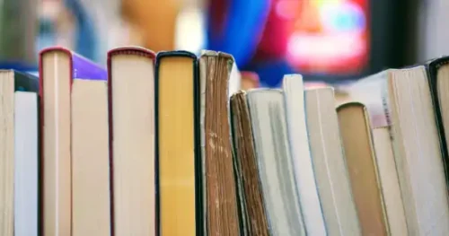 Lined up books with blurred background