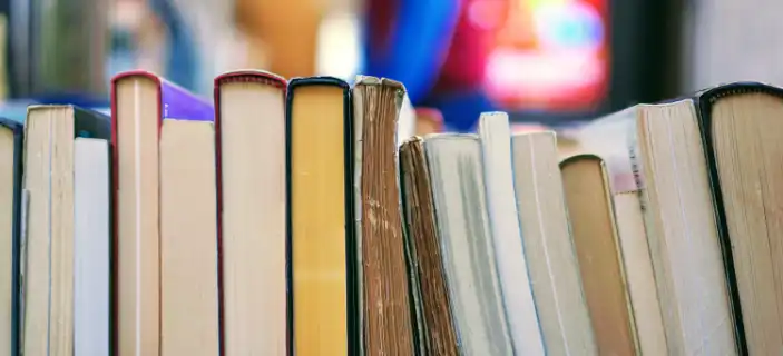 Lined up books with blurred background